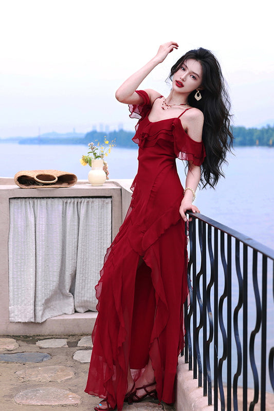 Vintage Red Off-Shoulder Maxi Dress with Ruffled Slit Skirt - Belle Vestige