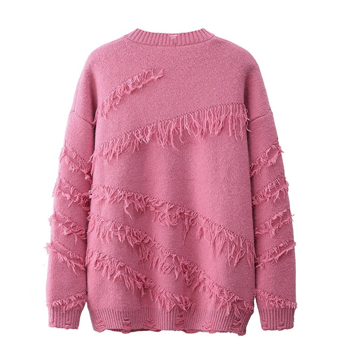 Ripped Fringed Oversize Crewneck Sweater - Belle Vestige