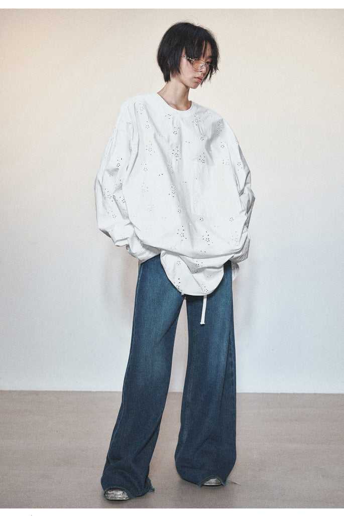 Oversized Silhouette Cotton Shirt & Round Neck with Patch Pocket Mutton Sleeves - Belle Vestige