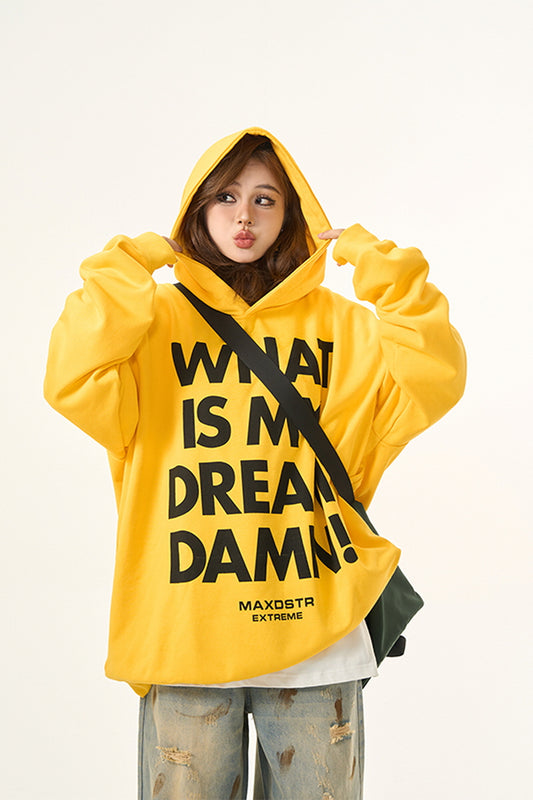 Vintage Letter Print Yellow Hooded Sweatshirt - Belle Vestige