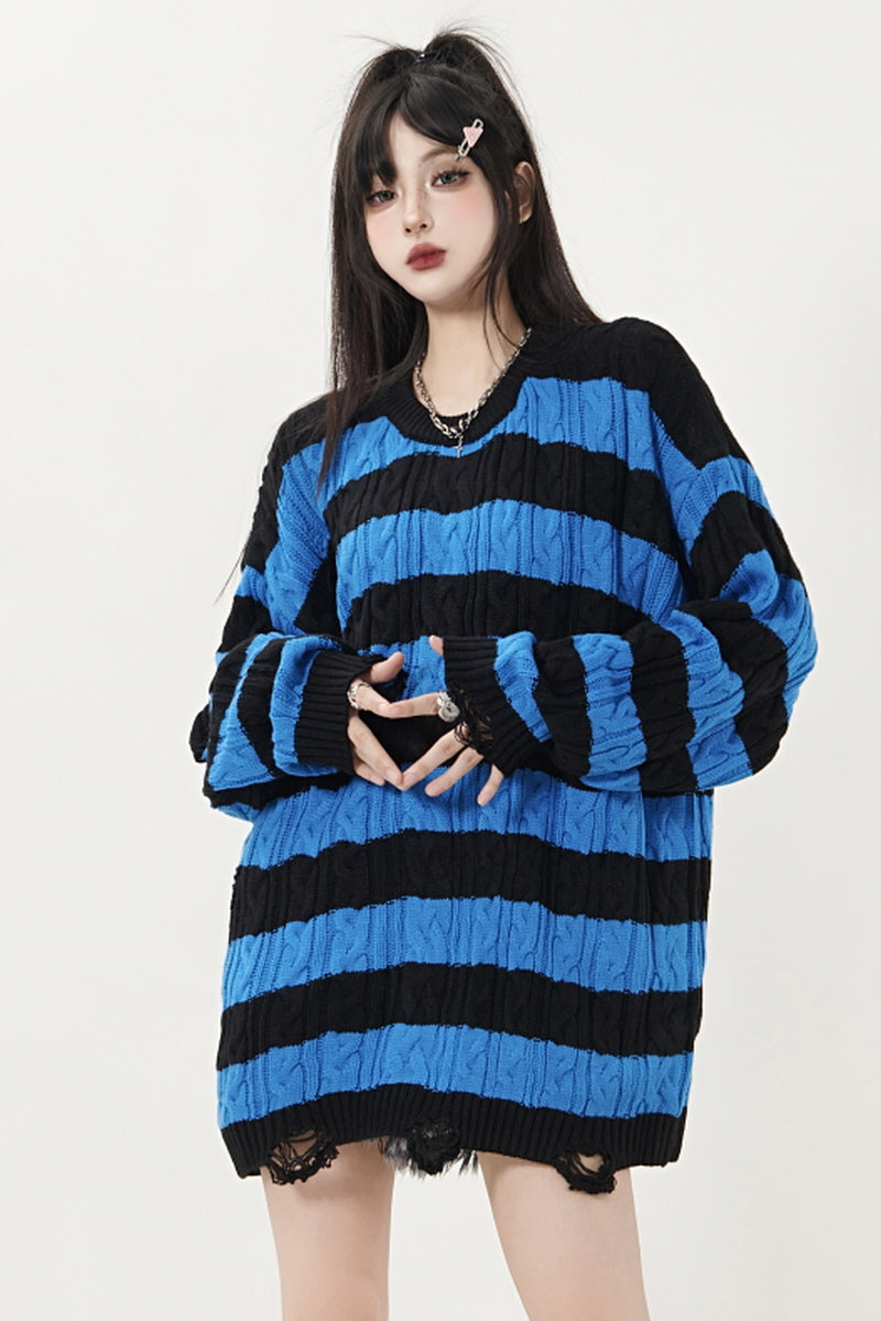 Ripped Striped Crewneck Sweater - Belle Vestige