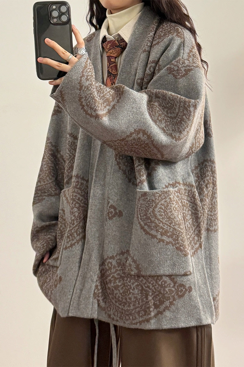 American Retro New Chinese Robe Cardigan Sweater Jacquard Collarless Knit Jacket - Belle Vestige