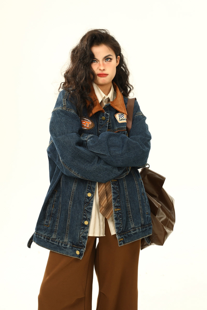 Retro Biker Denim Jacket Unisex Lapel - Belle Vestige