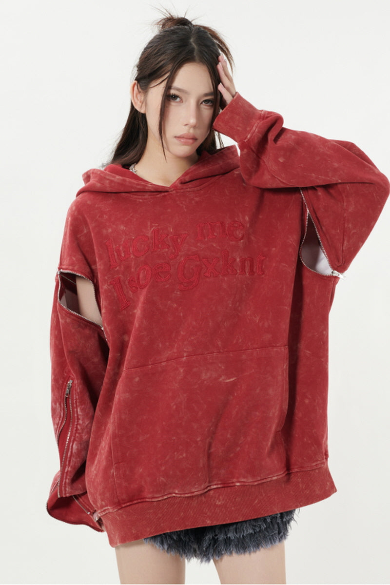 Distressed Lettering Detachable Sleeve Hoodie - Belle Vestige