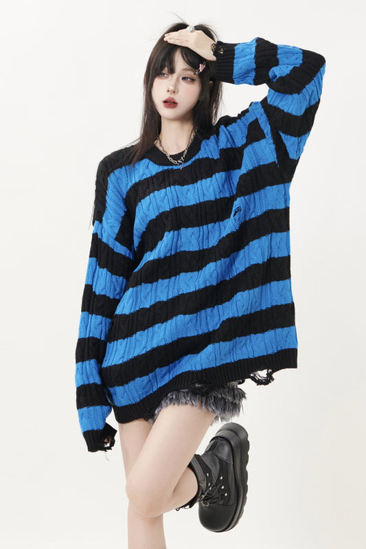 Ripped Striped Crewneck Sweater - Belle Vestige