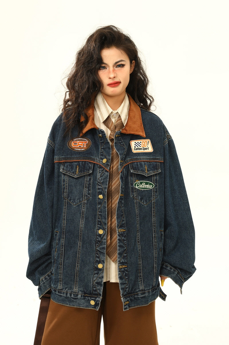 Retro Biker Denim Jacket Unisex Lapel - Belle Vestige