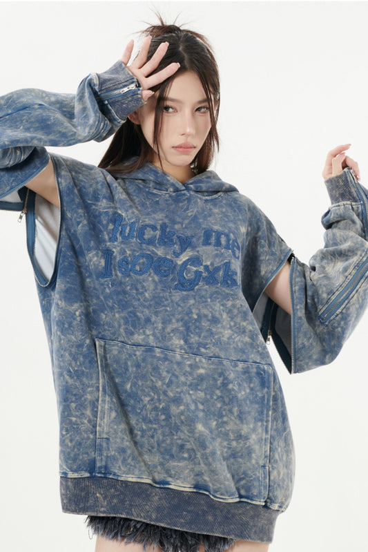 Distressed Lettering Detachable Sleeve Hoodie - Belle Vestige