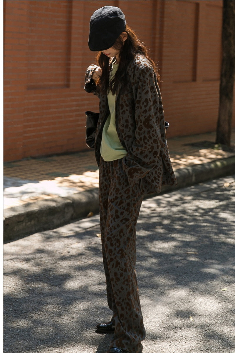 Leopard Print Blazer & High-Waisted Wide-Leg Pants Two-Piece Suit - Belle Vestige