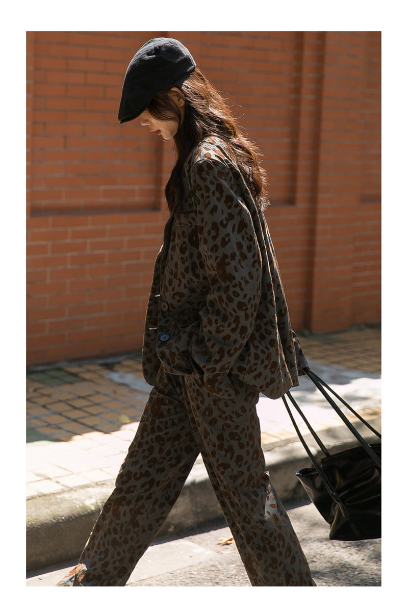 Leopard Print Blazer & High-Waisted Wide-Leg Pants Two-Piece Suit - Belle Vestige