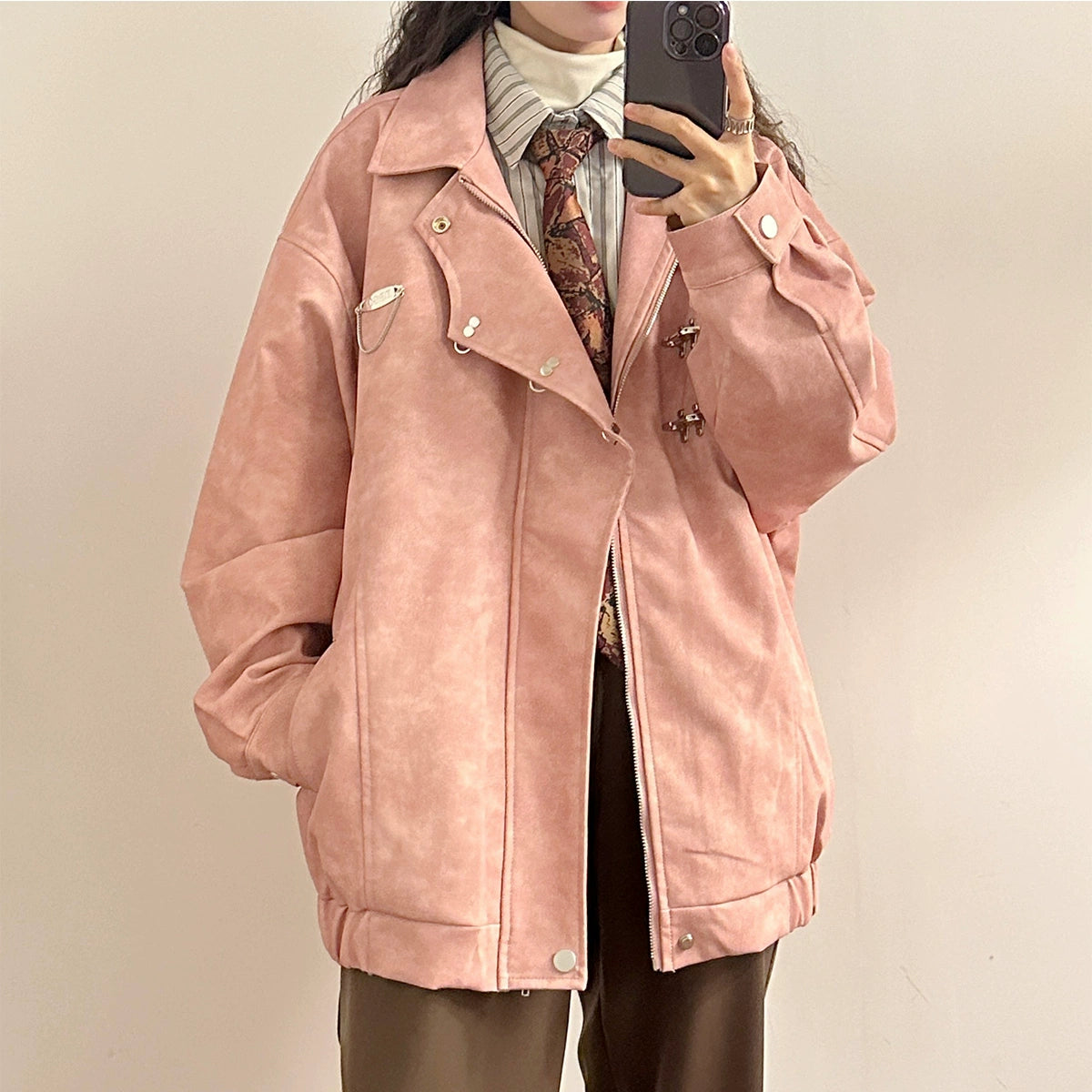 American Retro Metal Buckle Lapel Maillard Trench Coat PU Leather Jacket Design Sense Coat - Belle Vestige