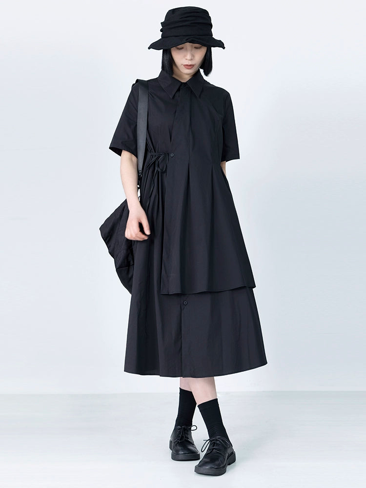 Black Shirt Dress A-Line High Waist Short Sleeve Tie Skirt - Belle Vestige