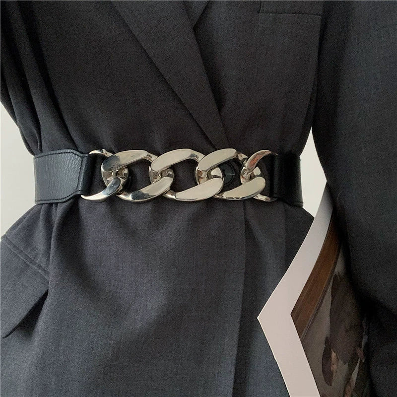 Elastic Black Belt & Decorative Chain for Skirt Coat Suit - Belle Vestige