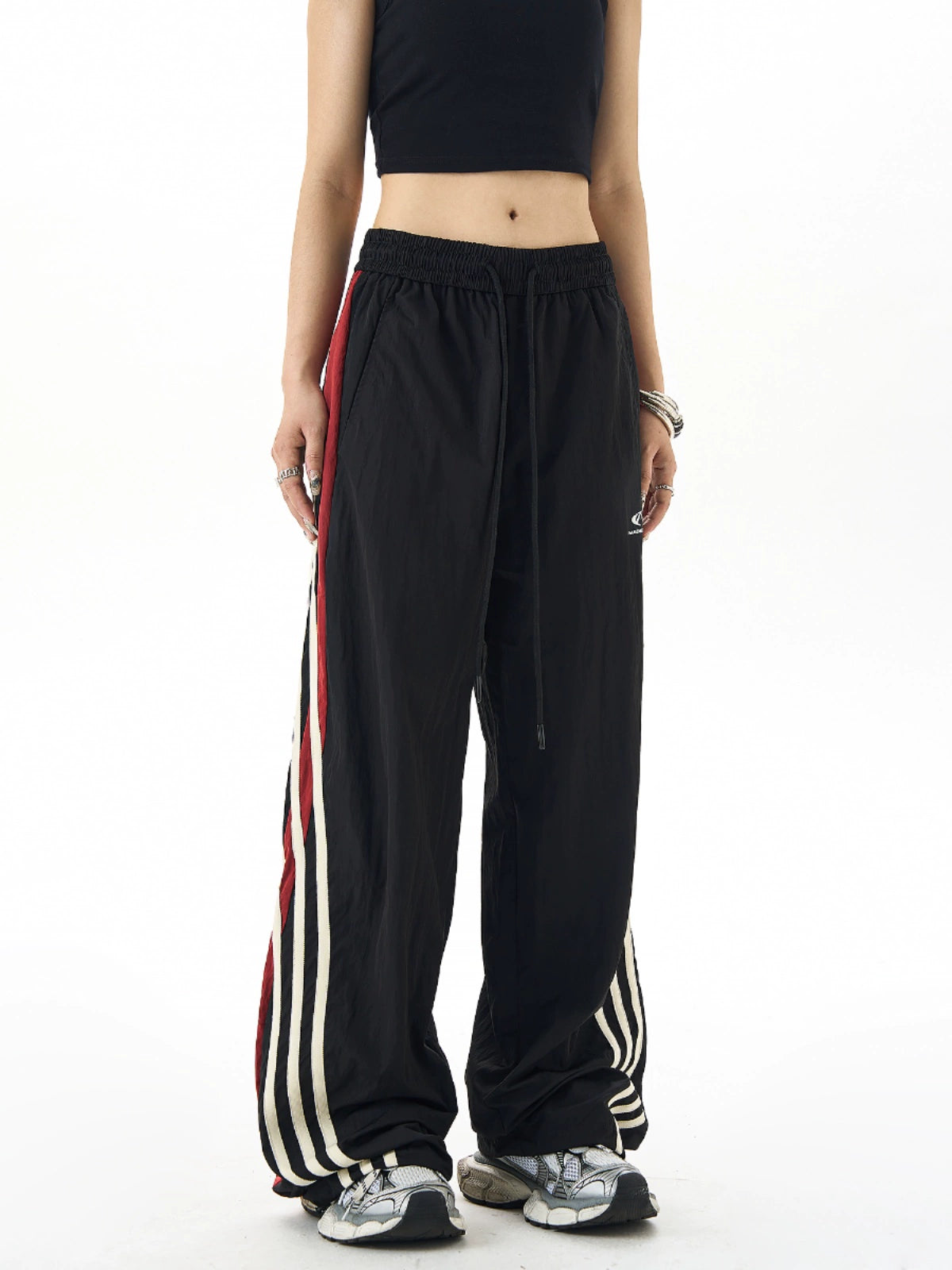 Retro Stitched Striped Wide-Leg Track Pants & Three-Bar Loose Slacks - Belle Vestige