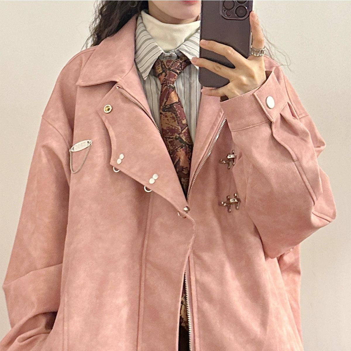 American Retro Metal Buckle Lapel Maillard Trench Coat PU Leather Jacket Design Sense Coat - Belle Vestige