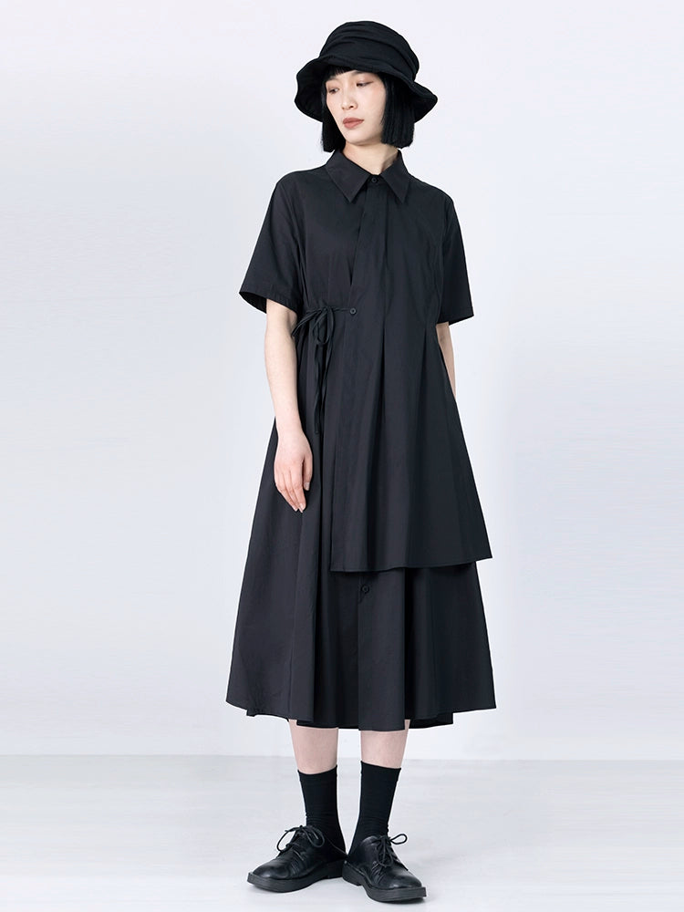 Black Shirt Dress A-Line High Waist Short Sleeve Tie Skirt - Belle Vestige