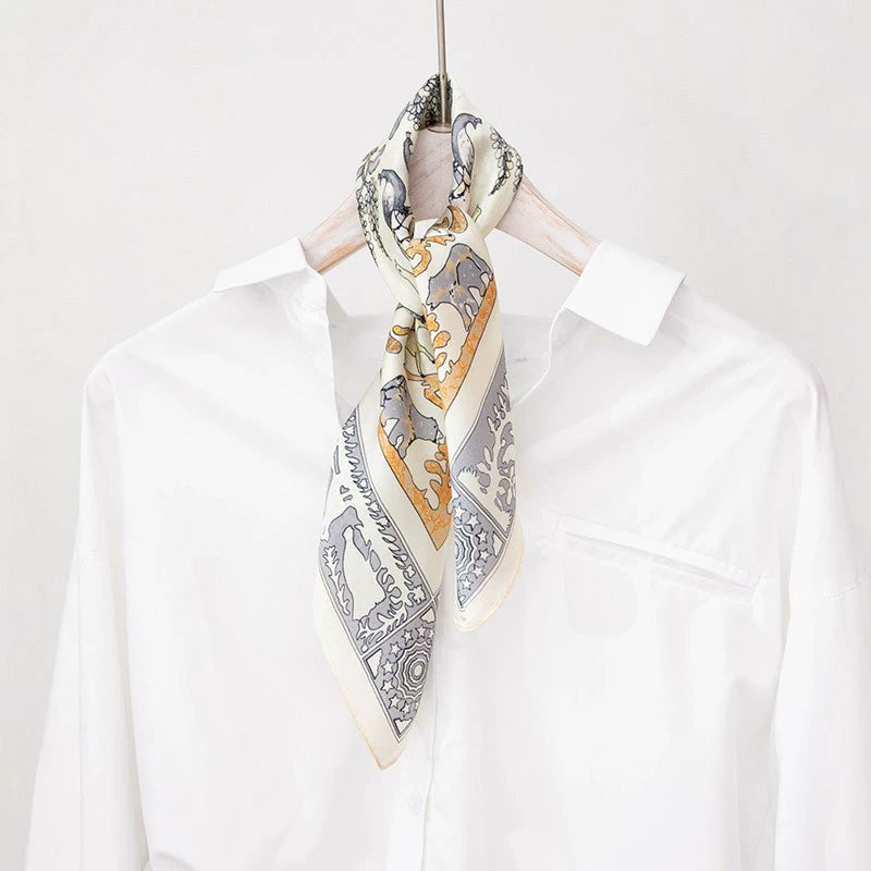 White Totem Silk Scarf & Mulberry Silk Small Square Scarf for Shirts and T-Shirts - Belle Vestige