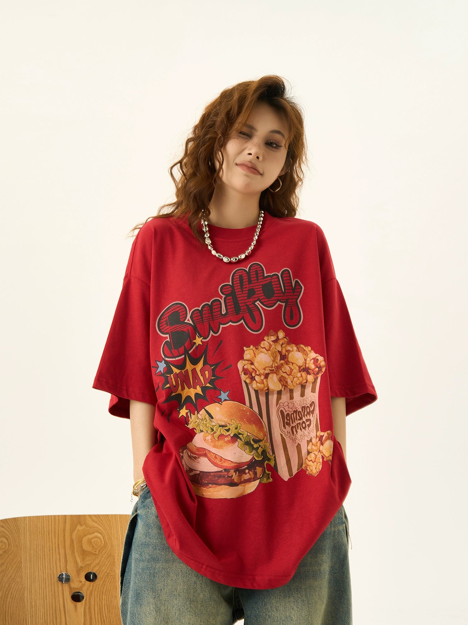 Burger Print Short Sleeve T-Shirt Women's Retro Loose Top - Belle Vestige